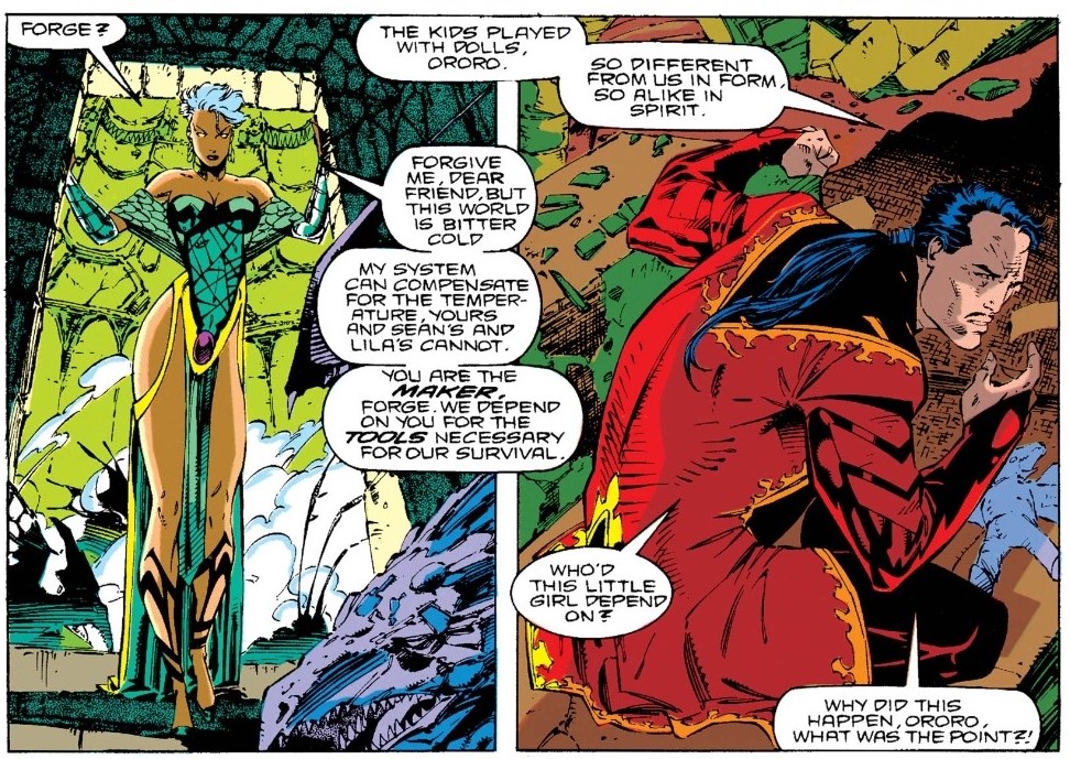 It also advances Forge’s character arc as someone acclimating to the X-Men team dynamic, while also touching base with his love of Storm, through a tender moment of empathy between them. 7/9