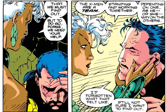 Further, we see Claremont using Forge as a naif viewpoint character to establish the surrealism of the X-Men’s world through his struggles within it, a technique C had executed previously with Kitty after Dark Phoenix and then Dazzler/Havok after the Mutant Massacre. 8/9
