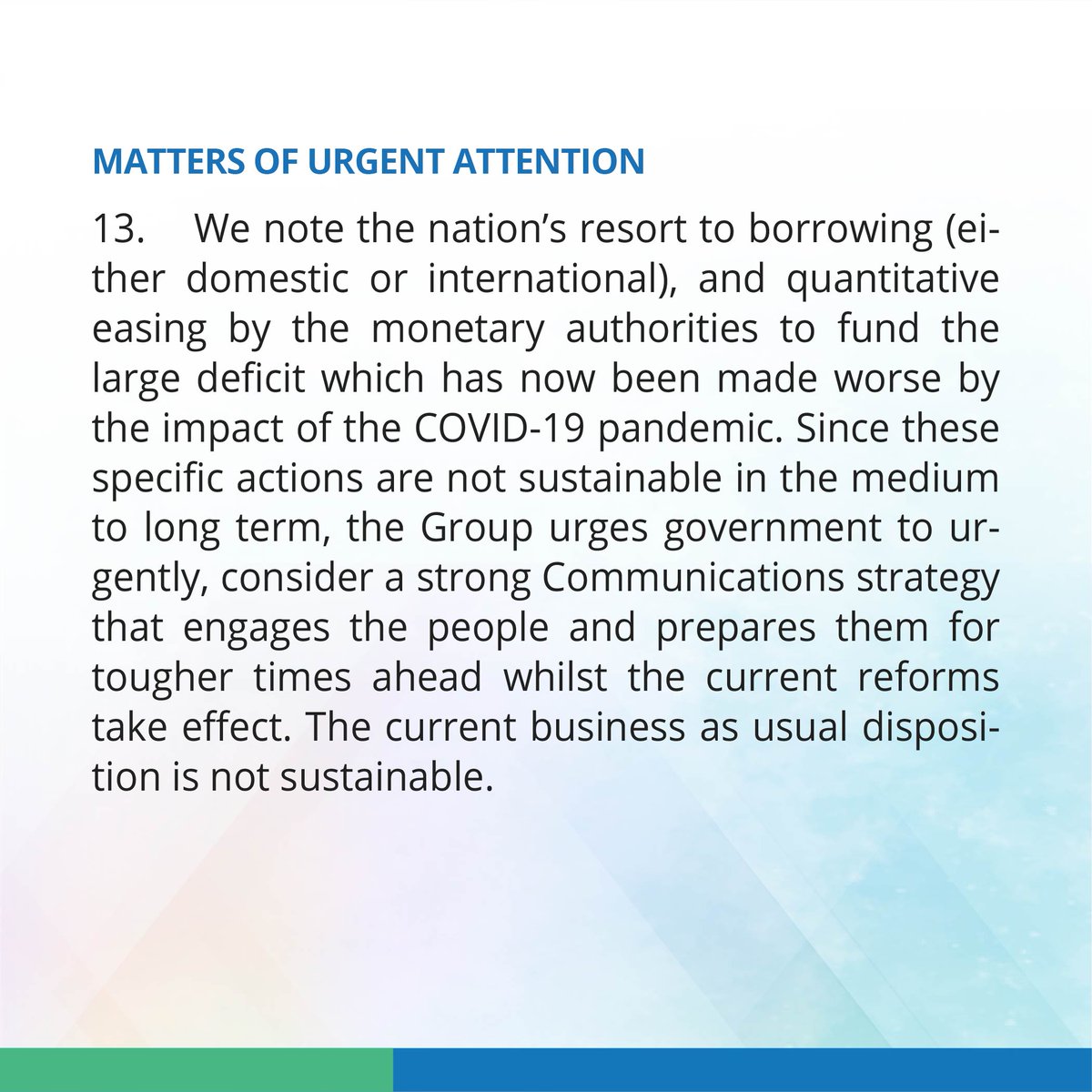 The   #NESG urges government to as a matter of urgency consider a strong communication strategy that engages the people and prepares them for the tougher times ahead whilst our reforms take effect. 9/12  @cenbank,  @NGRPresident,  @fmardNg,  @finminnigeria,  @FMWHNIG  @FMPRng