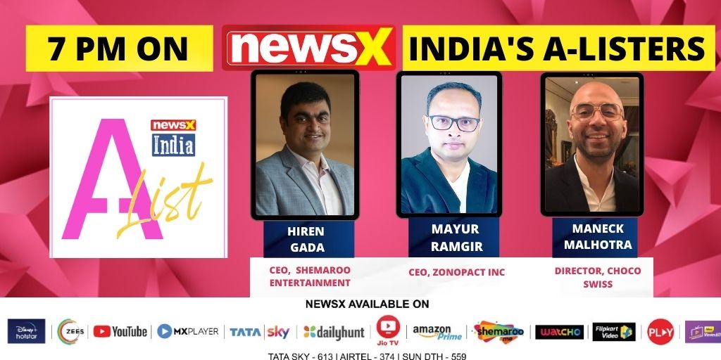 NewsX's tweet photo. #NewsXIndiaAList | Continuing with our mission to promote India's finest and brightest, an unmissable line-up joins NewsX India A-List. 
.
.
.
Don't Forget to Tune in at 7 PM!
@ShemarooEnt @MayurRamgir @chocoswis https://t.co/OBlHgxWcu2
