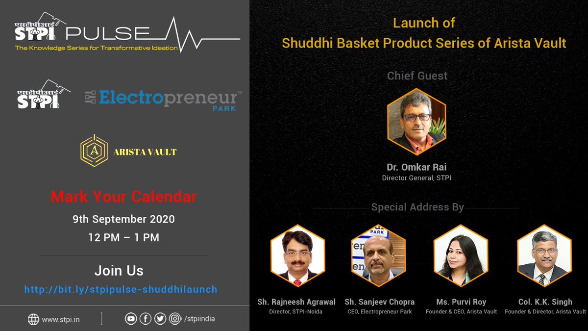 stpiindia's tweet photo. Witness the launch of #ShuddhiBasket, an indigenous product developed by @aristavault, an incubatee of @electropreneur &amp; the 1st runner-up of #SafeIndiaHackathon, under #STPIPulse platform &amp; watch live the incisive deliberations by dignitaries. Register: https://t.co/1JG8B08M0S. https://t.co/Uw0BCGgE7L