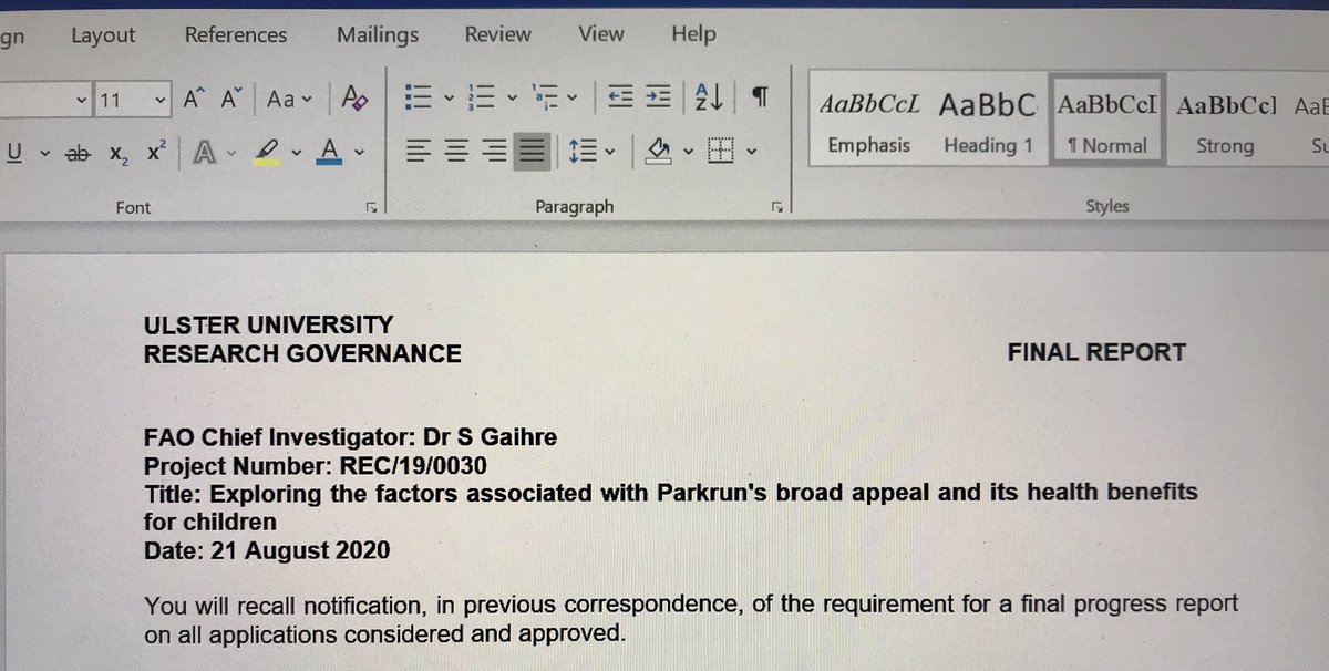 Just submitted a Chief Investor’s report ...  manuscript on the way 👍👌#HealthBenifits #Parkrun #ChildHealth #UU @NICHE_ULSTER