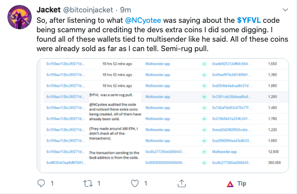 10/ Scams are getting quicker, this particular one YFVL lived for just 24 hours...Shilled, then semi rug pulled for 100 ETH.How should we call that? Soft-rekt?In that case time is money (literally) 