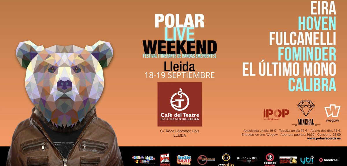 El próximo viernes 18 y sábado 19 de septiembre, Polar Live Weekend llega al Cafè del Teatre de Lleida. Te presentamos a las bandas que conforman el cartel por día.

backstage.bandzaai.com/noticias/2020/…

<a href="/Polar_RecBCN/">Polar</a> @eiramusica 
<a href="/FulcanelliBCN/">Fulcanelli</a> <a href="/ultimomonomusic/">Ultimomonomusic</a> <a href="/Fominder/">Fominder</a>