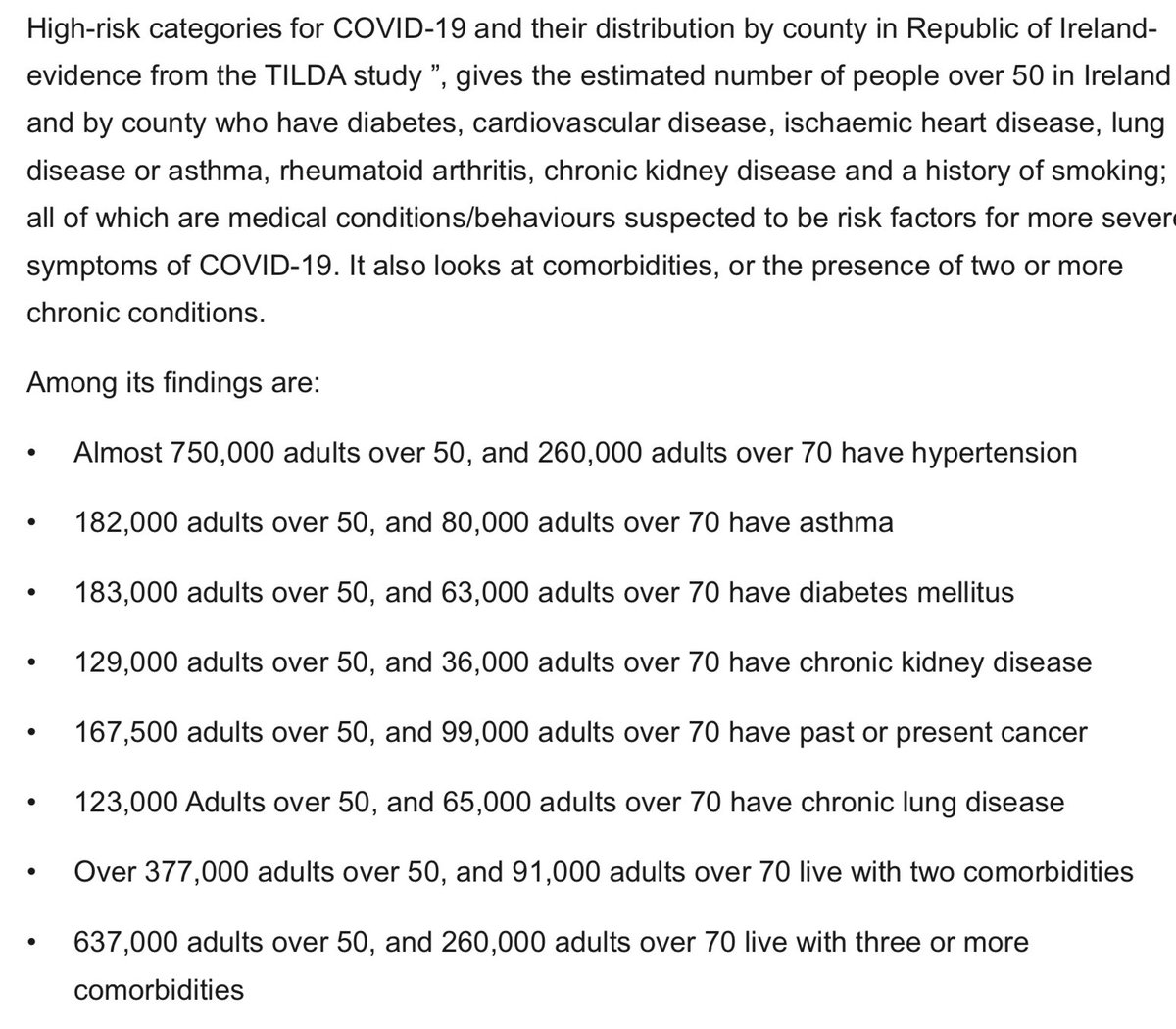 So when someone tries to convince you that  #Covid19 deaths somehow don't count if the person had an underlying conditions here is just how many people over the age of 50 in Ireland that they are telling you don't really matter Data from.  https://tilda.tcd.ie/publications/reports/pdf/Report_Covid19Multimorbidity.pdf #CovidIreland