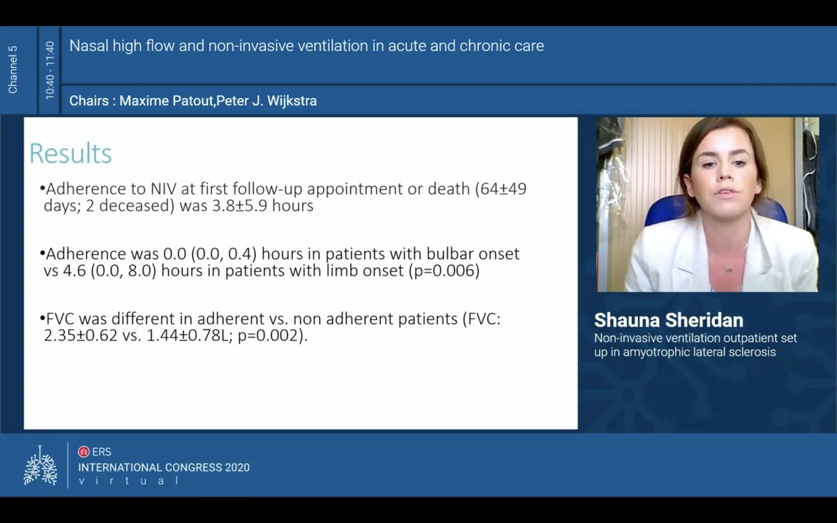 LaneFoxResearch's tweet photo. @ShaunaSherida10 presenting NIV outpatient setup in Motor Neurone Disease from @LClinical @GSTTresearch #ERSCongress
💨Adherence 3.8±5.9 hours
💨Significantly lower in bulbar patients
💨Difference in FVC between adherent vs non-adherent patients
#ALS #MND #NIV #OPDsetup #AHPs https://t.co/0dTTpyANHA