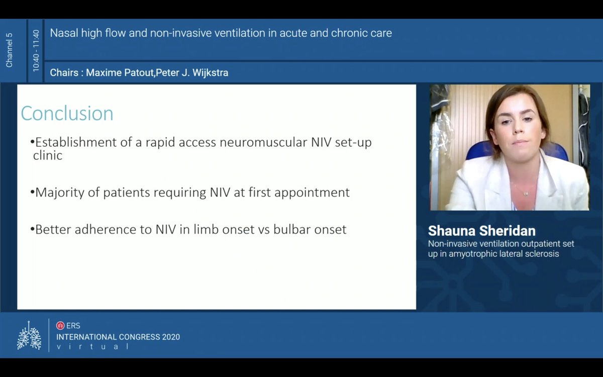 LaneFoxResearch's tweet photo. @ShaunaSherida10 presenting NIV outpatient setup in Motor Neurone Disease from @LClinical @GSTTresearch #ERSCongress
💨Adherence 3.8±5.9 hours
💨Significantly lower in bulbar patients
💨Difference in FVC between adherent vs non-adherent patients
#ALS #MND #NIV #OPDsetup #AHPs https://t.co/0dTTpyANHA