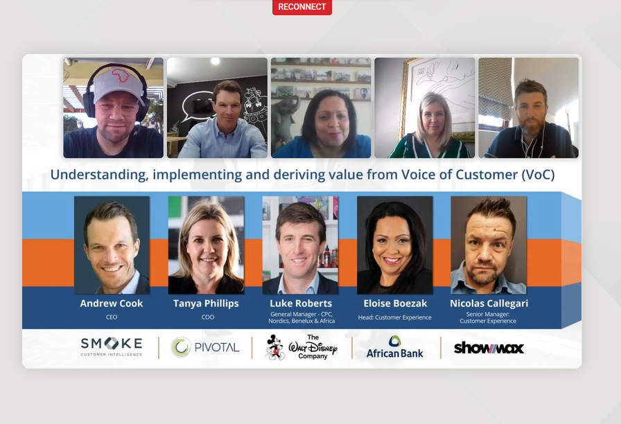 We_Connect_Tech's tweet photo. CEM #CX webinar sponsored by Pivotal and SMOKE. @TanyaPhillips99 presenting alongside #TheWaltDisneyCompany, #Shomax and our customer, African Bank. #VoiceOfTheCustomer #DataAnalytics https://t.co/JcPFfxcphK
