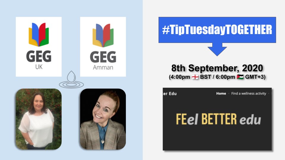 AmmanGEG's tweet photo. 📢 T-6hrs to #TipTuesdayTOGETHER! 🥳
Join us fortnightly for #TipTuesdayTOGETHER, starting this week, followed by #TechyTipTuesday every other week.
📍 https://t.co/rlFjR3GPzs
⏰ 4pm🏴BST / 6pm🇯🇴GMT+3
💡@FeelbetterEDU #ceo @wendypeskett #sharing all about #Wellness! 🙏☺️🌍 #EDU https://t.co/k4uYgTU2ha
