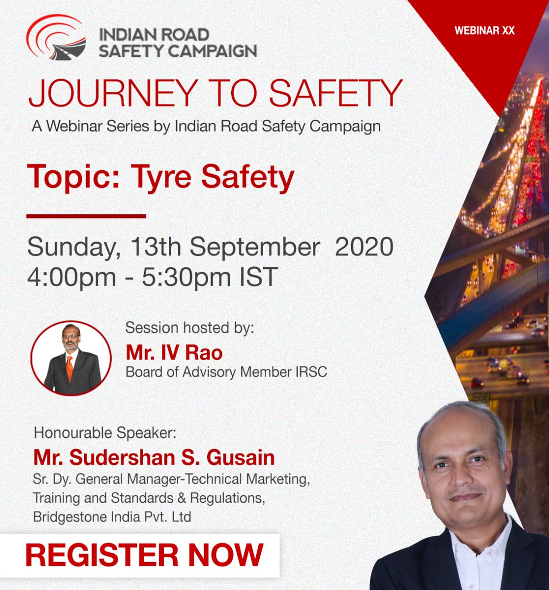 IRSC_Solve's tweet photo. In the Journey to Safety Webinar XX, get an opportunity to learn about "Tyre Safety" from Mr. Sudershan S. Gusain.

Register- https://t.co/42dWAj5pNi

#Webinar #Session #RoadSafety #TyreSafety #RoadSafetySolutions #TrafficSafety #Bridgestone #BridgestoneIndia #Atma #TESS #ITTAC https://t.co/Yi7PeF5sAo