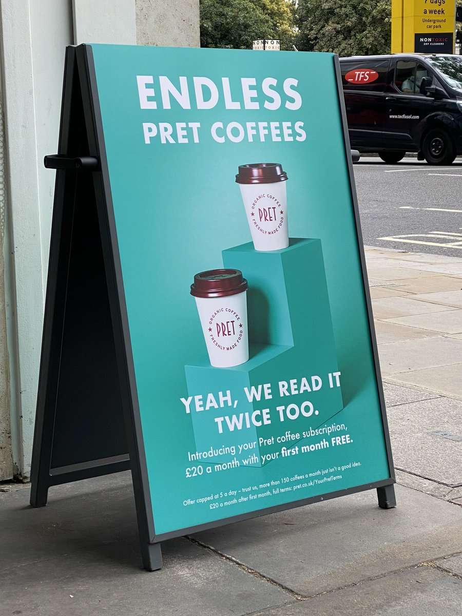 5 coffees a day everyday for £20 per month 👀👀👀. I’m all in!  Thank you <a href="/Pret/">Pret</a>