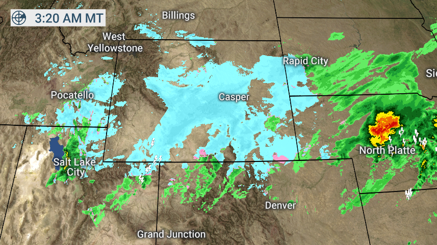 JordanSteele's tweet photo. #2020! Snow falling in Wyoming currently, slowly moving south. Denver about to get some flakes. #isitsummerorwinter? https://t.co/kl8Fyv4lYw
