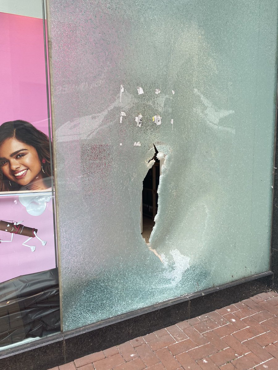 Here’s the broken window protesters stumbled across this morning. Six demonstrators climbed in and staged their sit-in, which later led to their arrest.The “Debenhams Six” have since been released.