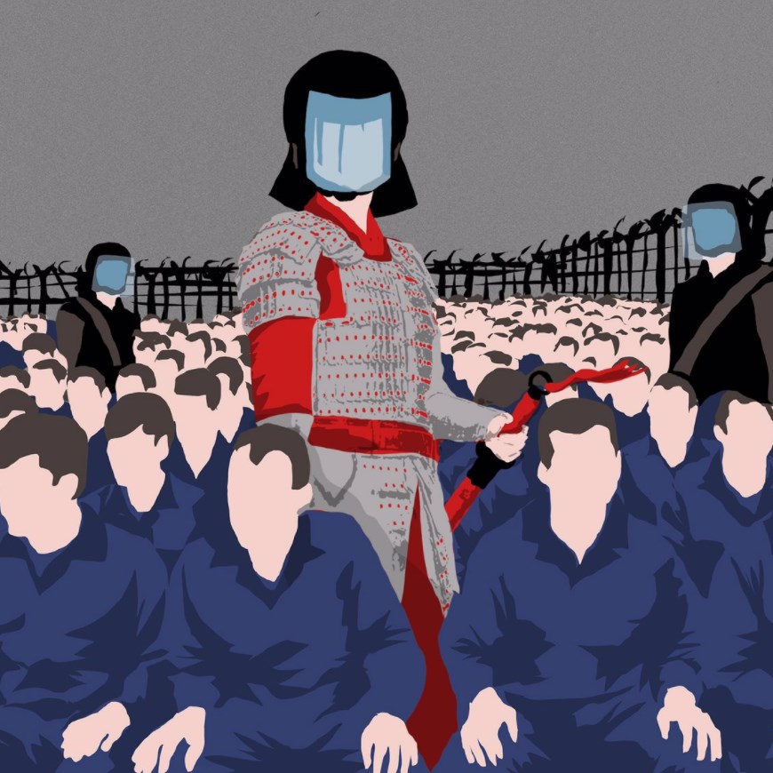 hkfp's tweet photo. A new cartoon by Chinese-Australian artist @Badiucao after it was revealed that the producers of #Disney's #Mulan worked with the propaganda authorities in Xinjiang to film the movie. #China has detained countless Uighur Muslims in camps in its northwestern region. https://t.co/Y2M4nmqy80