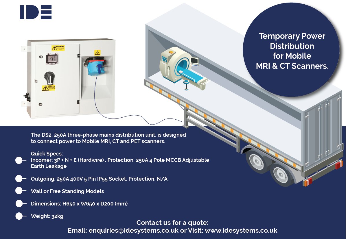 Need a power distribution unit for mobile MRI and CT scanners?
Contact us today to request a quote for our popular DS2 unit, designed specifically to connect power to mobile MRI, CT and PET scanners.
enquiries@idesystems.co.uk 
#healthcare #powerdistribution #nhsuk