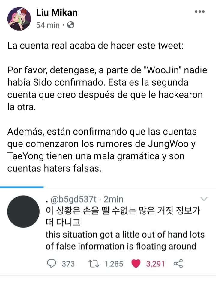 haetenmy's tweet photo. La cuenta real acaba de hacer este tweet: 

Por favor, detengase, a parte de "WooJin" nadie había Sido confirmado. Esta es la segunda cuenta que creo después de que le hackearon la otra.

Jungwoo Taeyong NCT

cr: pic https://t.co/fDuCoaKEij