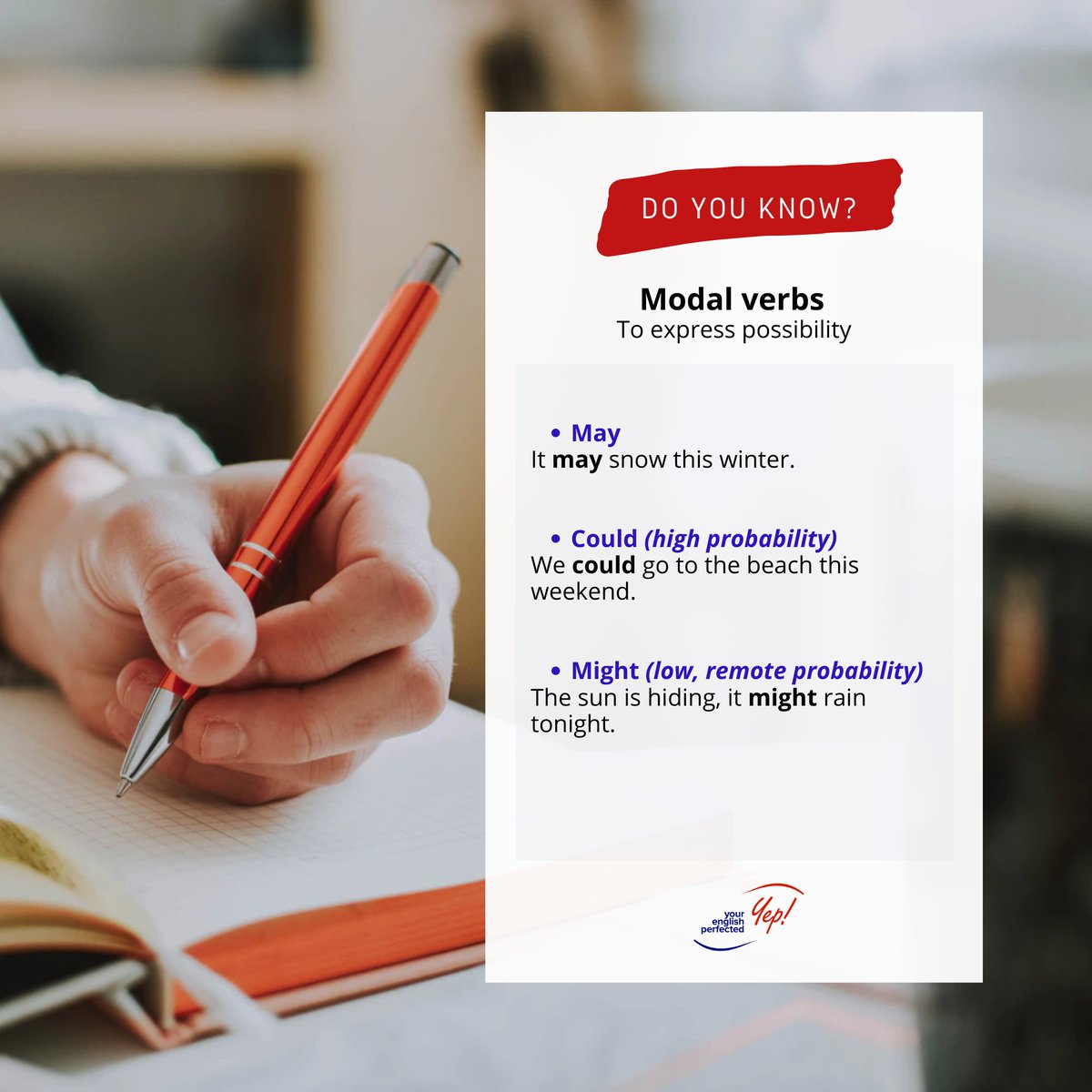 YEPerfected's tweet photo. Hey hey dear Yeppers!
How to express possibility, when you know that anything is possible once you set your mind to it?

Don't forget, with YEP! You can do it too! 💪🏽Just take action.

#withyepyoucandoittoo⁠#businessenglish #oral #fun #personaldevelopment  #fluentenglish https://t.co/94GAPQbOKq