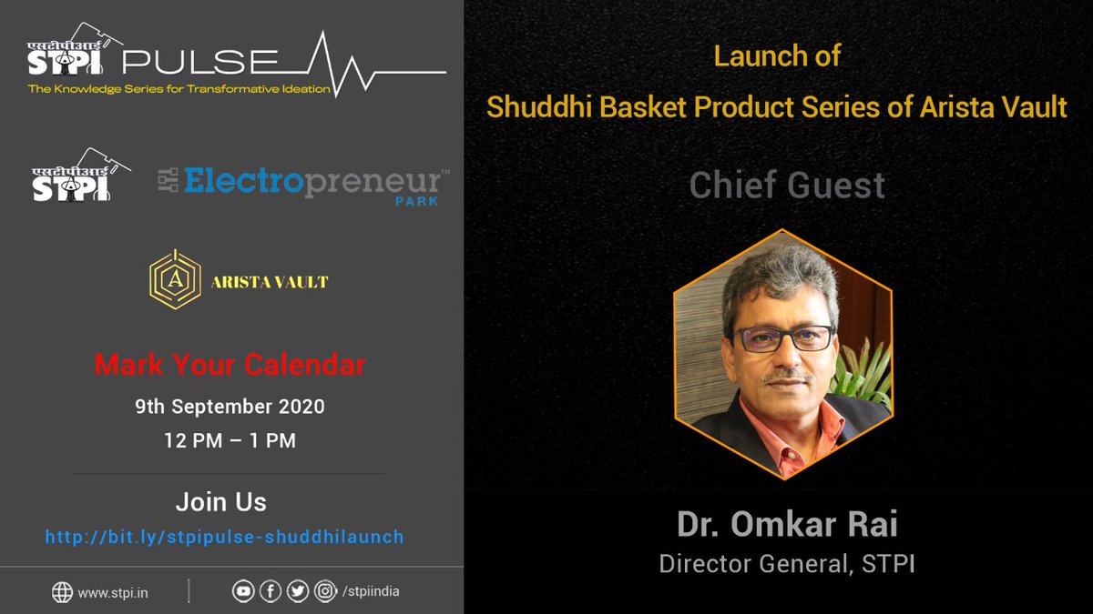 stpiindia's tweet photo. Dr. @Omkar_Raii, DG, #STPIINDIA as the Chief Guest will launch #ShuddhiBasket, developed by @aristavault, an incubatee of @electropreneur &amp; the 1st runner-up of #SafeIndiaHackathon challenge and share his insightful thoughts on the occasion. Register now: https://t.co/1JG8B08M0S https://t.co/tDjQmU15c6