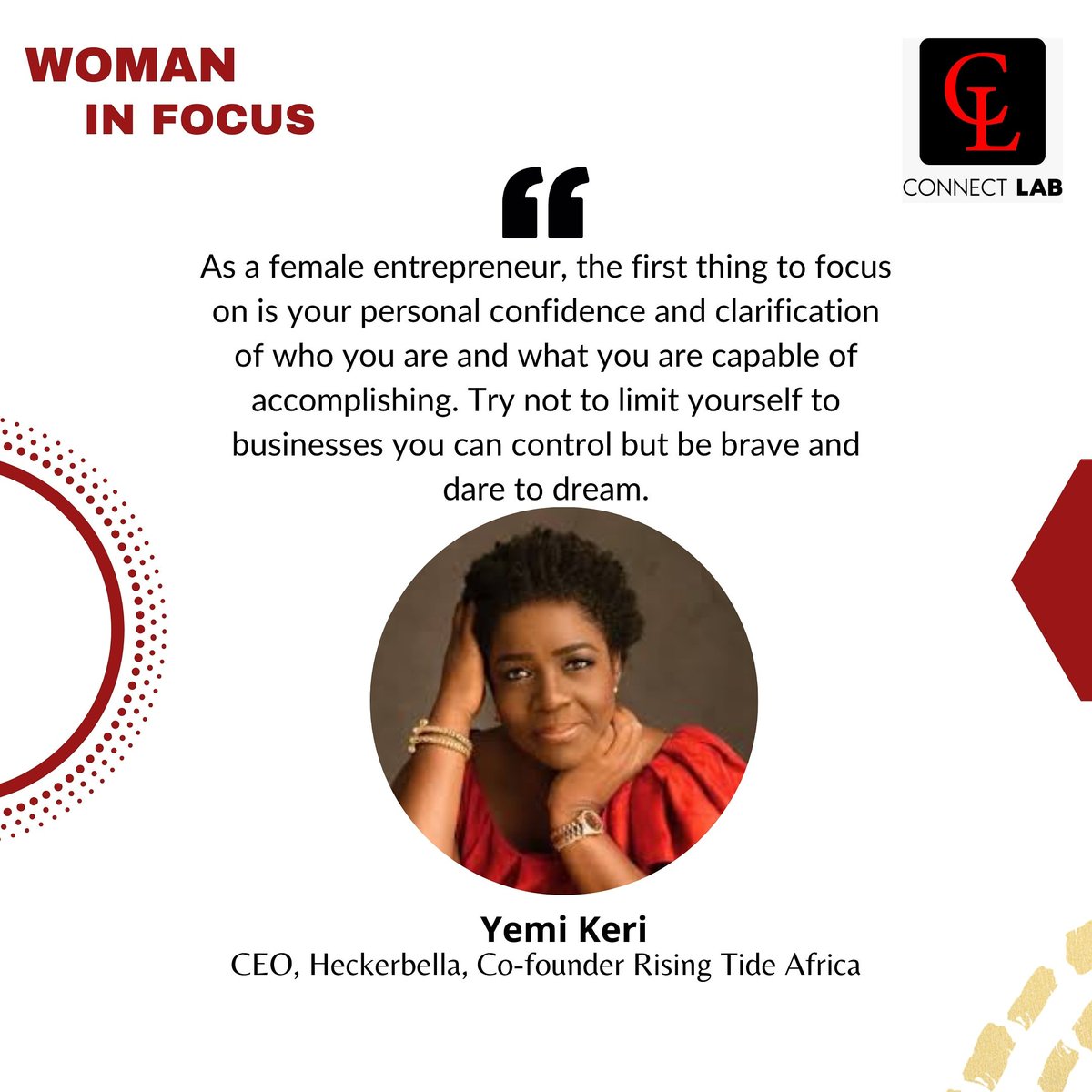 ConnectLabAfr's tweet photo. Our Woman in Focus this week is @YemiKeri
She is the CEO of Heckerbella Limited, a Digital Transformation company and Co-founder, Rising Tide Africa.
Yemi was one of the Judges for the @ConnectLabAfr Startup Sandbox Demo Day.
#womaninfocus https://t.co/aM9hTB7LGN