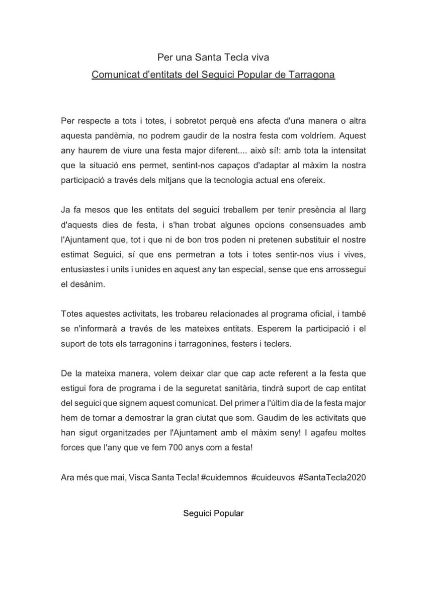 ♦️ COMUNICAT ♦️
.
.
#tarragona #santatecla #tarragonacultura #culturacat #agendatgn #culturasegura #santatecla2020 #seguicipopular