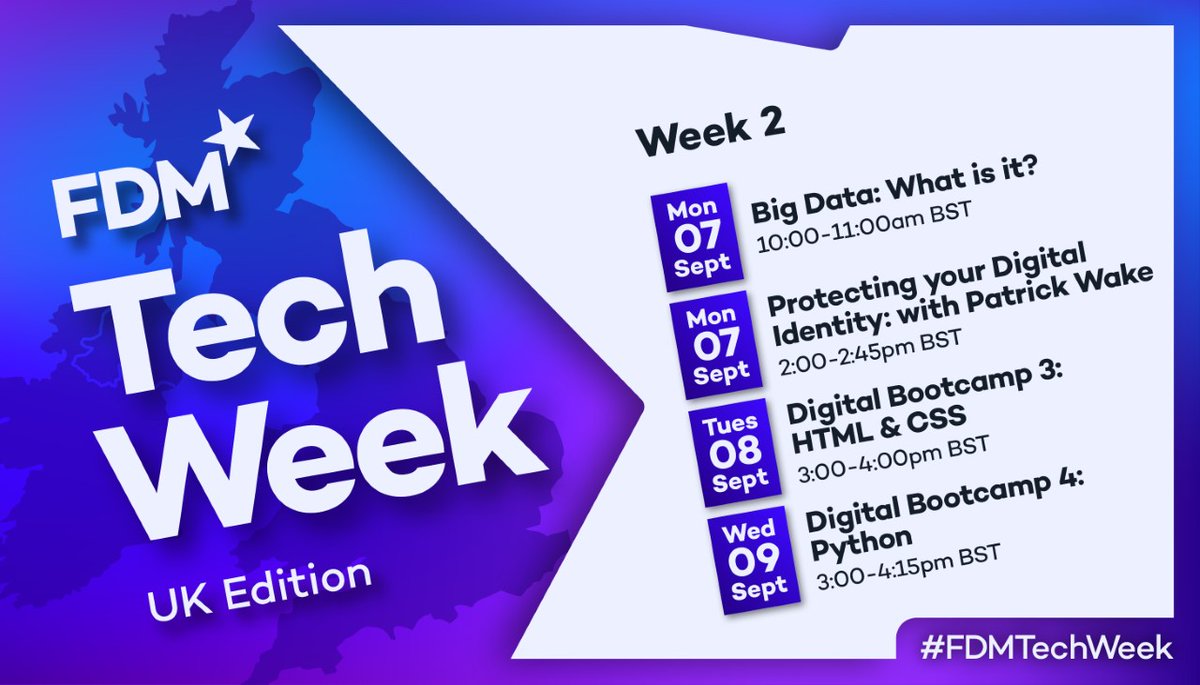 UniofHertsCE's tweet photo. Would you like to know more about a new #coding language?
Sign up to one or more of these interactive events, hosted by @FDMGroup today and tomorrow!
https://t.co/UyxlTr18Pj
#FDMTechWeek #LondonTechWeek #LTW #Tech https://t.co/Q2DjKNWhEH