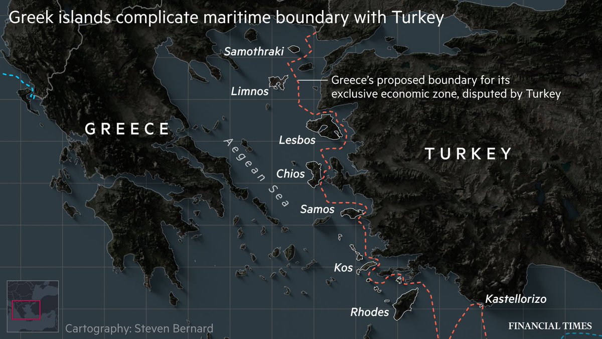 Turkey and Greece have a decades-long dispute over their maritime boundaries that has never been resolved. The Turkish coastline is dotted with Greek islands that Athens believes gives Greece territorial rights, while Ankara disagrees  https://www.ft.com/content/e872ed5d-1f64-48ae-8b8d-d6b49476e749