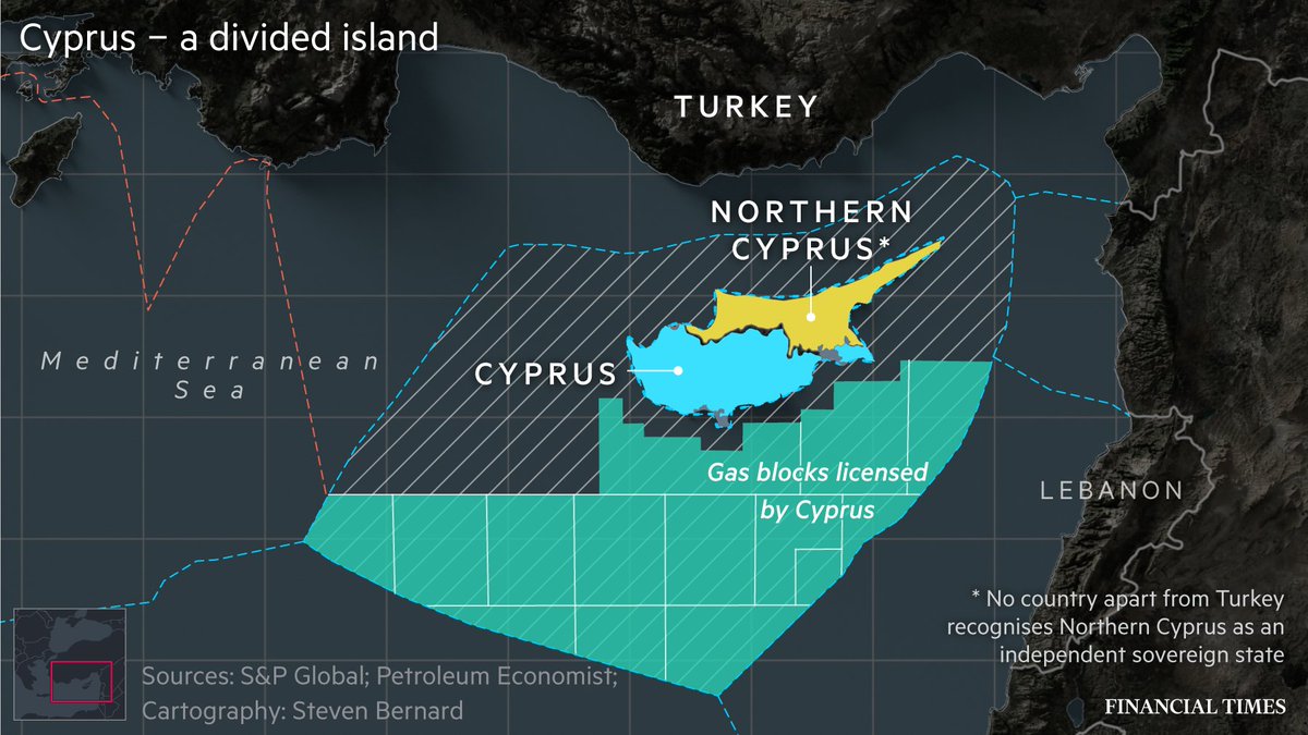 Cyprus is in the middle of the conflict. Ankara wants to protect the Turkish-speaking northern part of Cyprus, but the international community only views the Greek Cypriot side as the legitimate authority for the whole of the island  https://www.ft.com/content/e872ed5d-1f64-48ae-8b8d-d6b49476e749