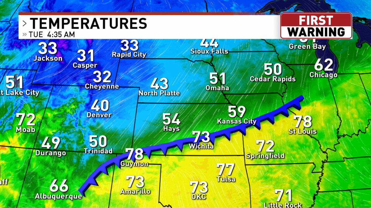 Met_katykramer's tweet photo. I'm keeping an eye on this beast of a cold front this morning. As of 4:35AM we're on the warm side with temps 30-40° warmer than parts of Kansas! #okwx @KTULNews https://t.co/YgVabFmlOl