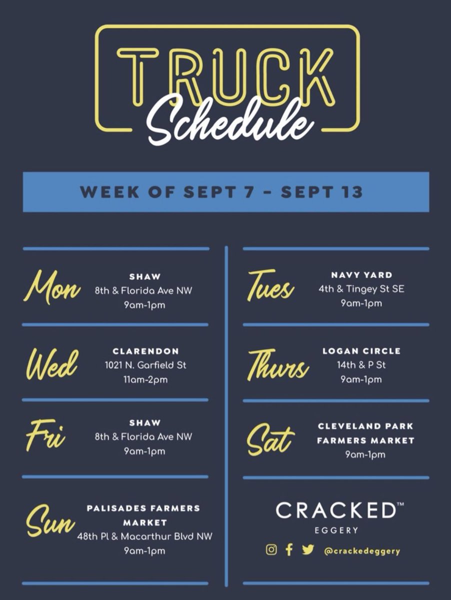 crackedeggery's tweet photo. Here's the schedule for the week of Sept 7-Sept 13! Come check us out in person or order delivery through Doordash!  

#dcfoodtrucks #bigeggenergy #WashingtonDC #supportsmallbusiness #supportlocal https://t.co/8rufP6lYXr