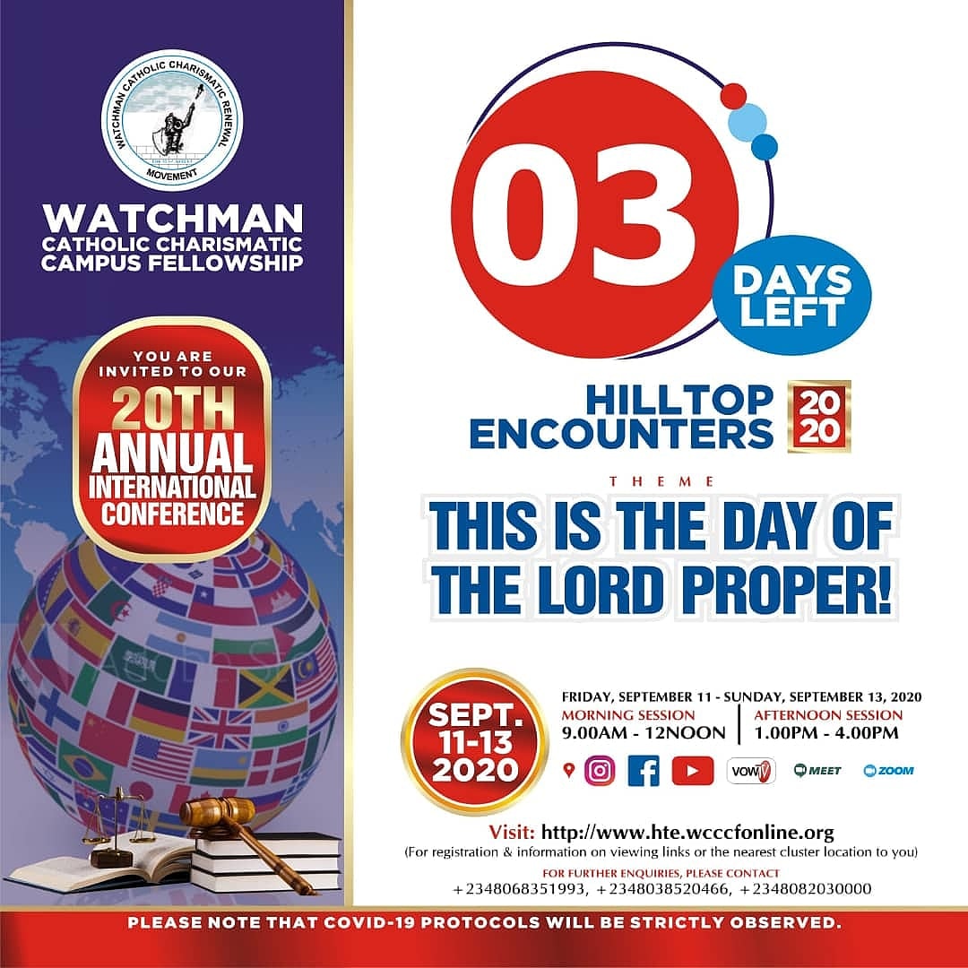 DominionEbeneza's tweet photo. It is 3 days to Hilltop Encounters 2020!
Are you ready?
Join us this Friday by 9am
Visit https://t.co/gJS1pkmlh8 to register.
#HillTopEncounters2020
#HTE2020
#WatchmanCampus
#ThisIsTheDayOfTheLordProper
@WatchmanCampus
@Chinemeludavidn
@Paulchibuike20
@MWObisike https://t.co/89bibWYd2p