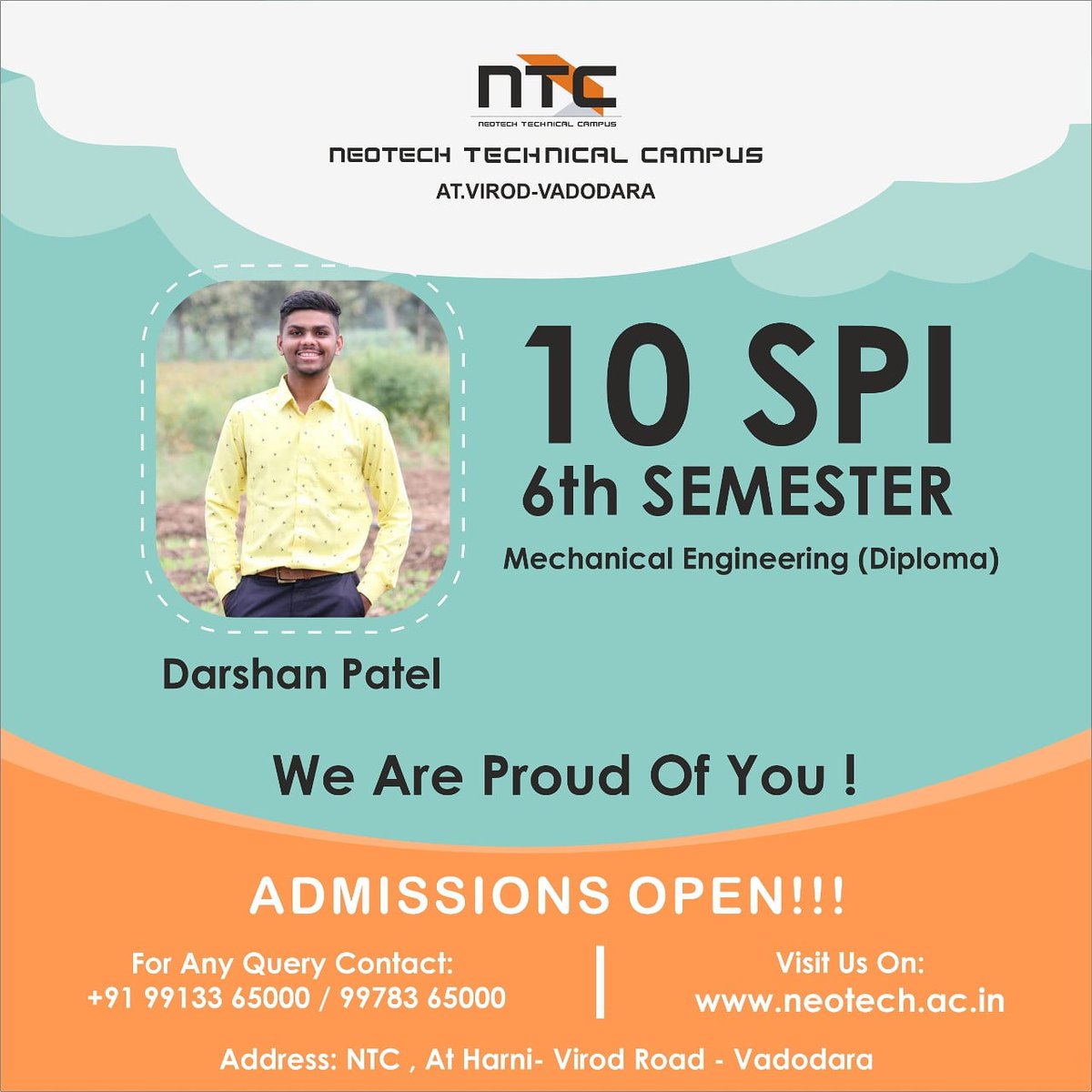 ntc_campus's tweet photo. Pride of Neotech Technical Campus..

We are proud of you Darshan Patel for securing 10 SPI in 6th sem of Mechanical Engineering ( Diploma )

Admissions Open

For admissions contact: 9913365000 / 9978365000

#Ntc #Ntccampus #Neotechtechnicalcampus #Engineering #Diploma #Degree https://t.co/mrxjUdZGwP