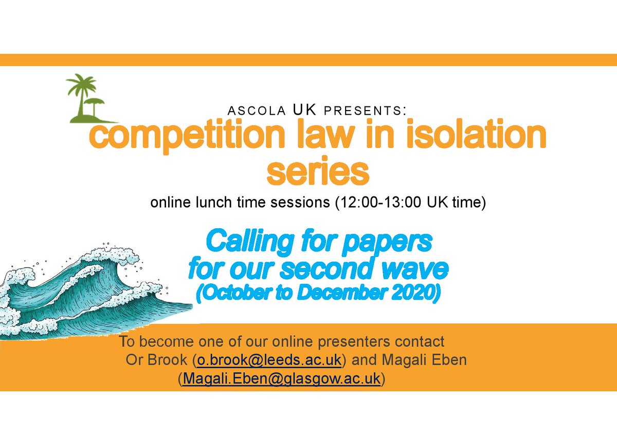 AscolaUK's tweet photo. The #CompetitionLawInIsolation series is back for a second wave! From October until December, we will again host lunch-time talks. We still have a few slots left, so if you want to be one of our online presenters, please do get in touch! https://t.co/qlGsQyuRJP
