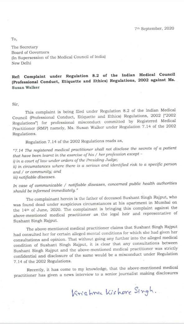 NewsMobileIndia's tweet photo. Sushant Singh Rajput's father KK Singh filed a complaint to Medical Council of India stating, "any consultation between #SushantSinghRajput &amp; Registered Medical practitioner #SusanWalker was strictly confidential &amp; disclosure of same would be misconduct under IMC regulation." https://t.co/gWLfdluqtI