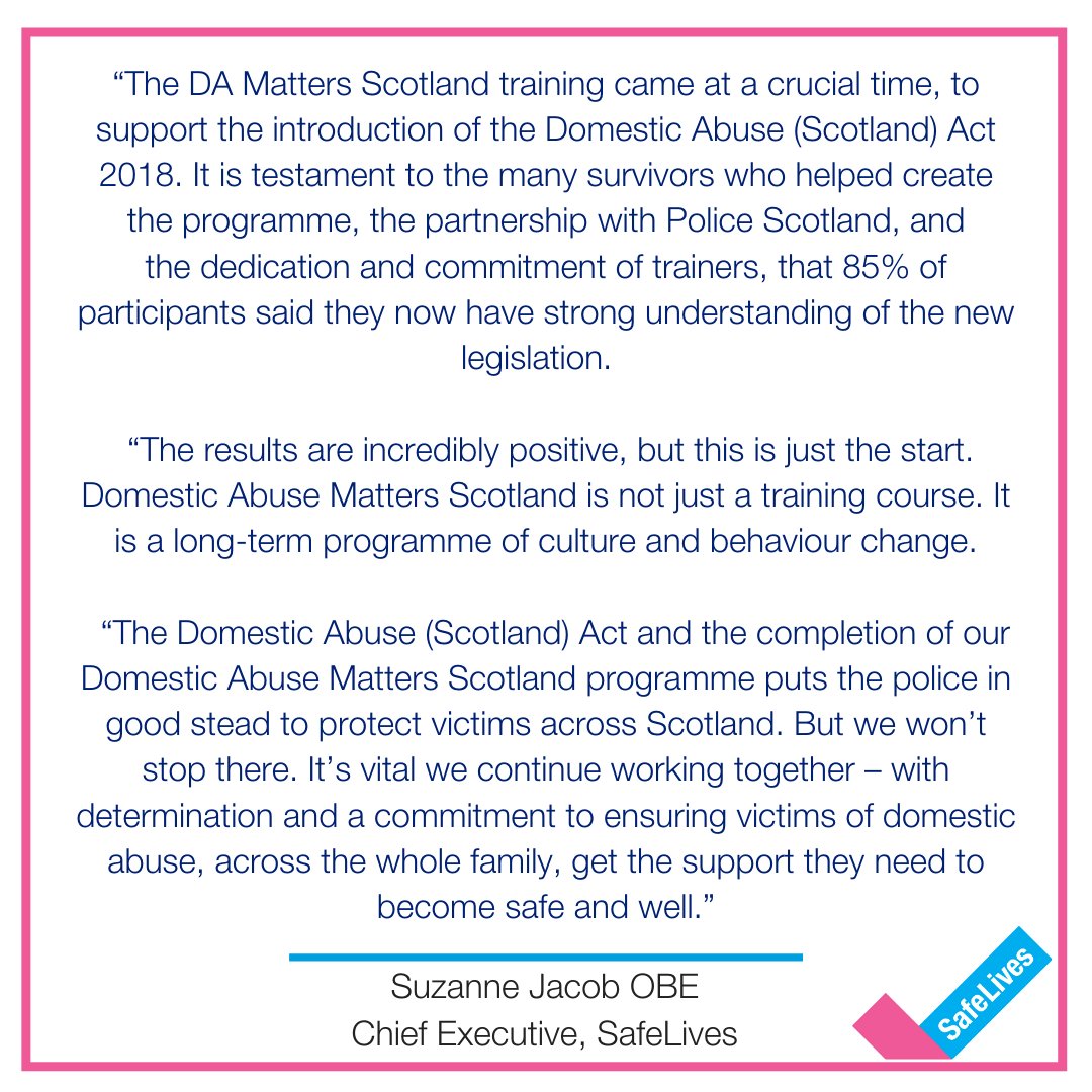 safelives_'s tweet photo. Today we are proud to publish the evaluation of our DA Matters Scotland training for @policescotland. 18,500 officers & staff have completed our e-learning & nearly 14,000 have attended face to face training. See full press release & evaluation report: https://t.co/zeKN7sZlJu https://t.co/oCo1rT38u2