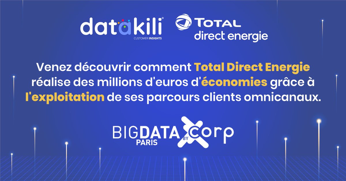 datakili_'s tweet photo. Venez découvrir "Comment @TotalDirEnergie réalise des millions d'euros d'économies grâce à l'exploitation de ses parcours clients omnicanaux" sur la scène de pitch startups Lundi 14 septembre à 10h au salon @bigdataparis. #CustomerExperience #CX #IA #predictif https://t.co/jlpcFrxJd4