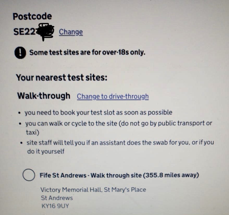 Just been sent this by constituent in East Dulwich who is being offered a Covid test in St Andrews. Cases are going up &amp; testing couldn’t be more important in stopping further spread <a href="/MattHancock/">Matt Hancock</a> this is utterly unacceptable. When will local tests be available to my constituents?