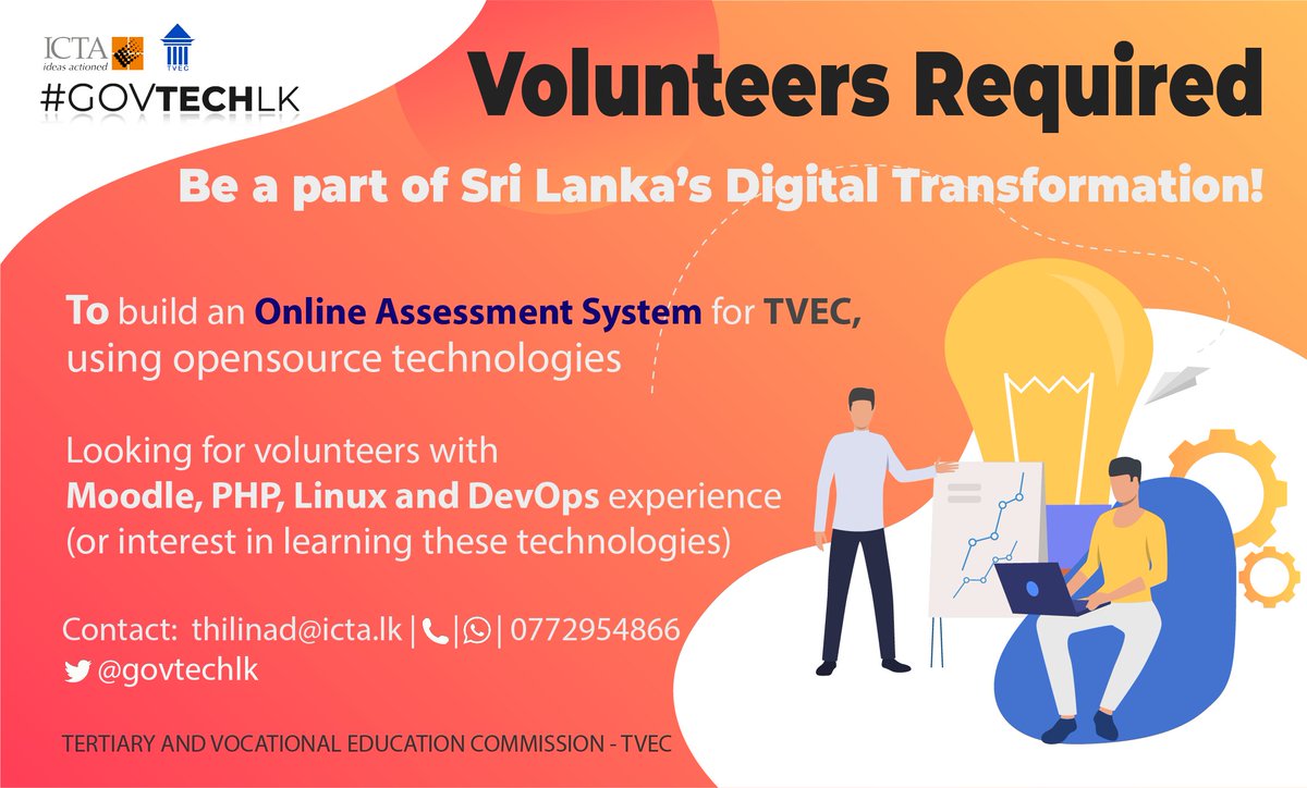 govtechlk's tweet photo. ICTA is looking for tech volunteers, with Moodle, PHP, Linux, and DevOps exposure to build an Online Assessment System for TVEC! #GovTechLK #lka #opensource @icta_srilanka https://t.co/Hhqx063oRJ