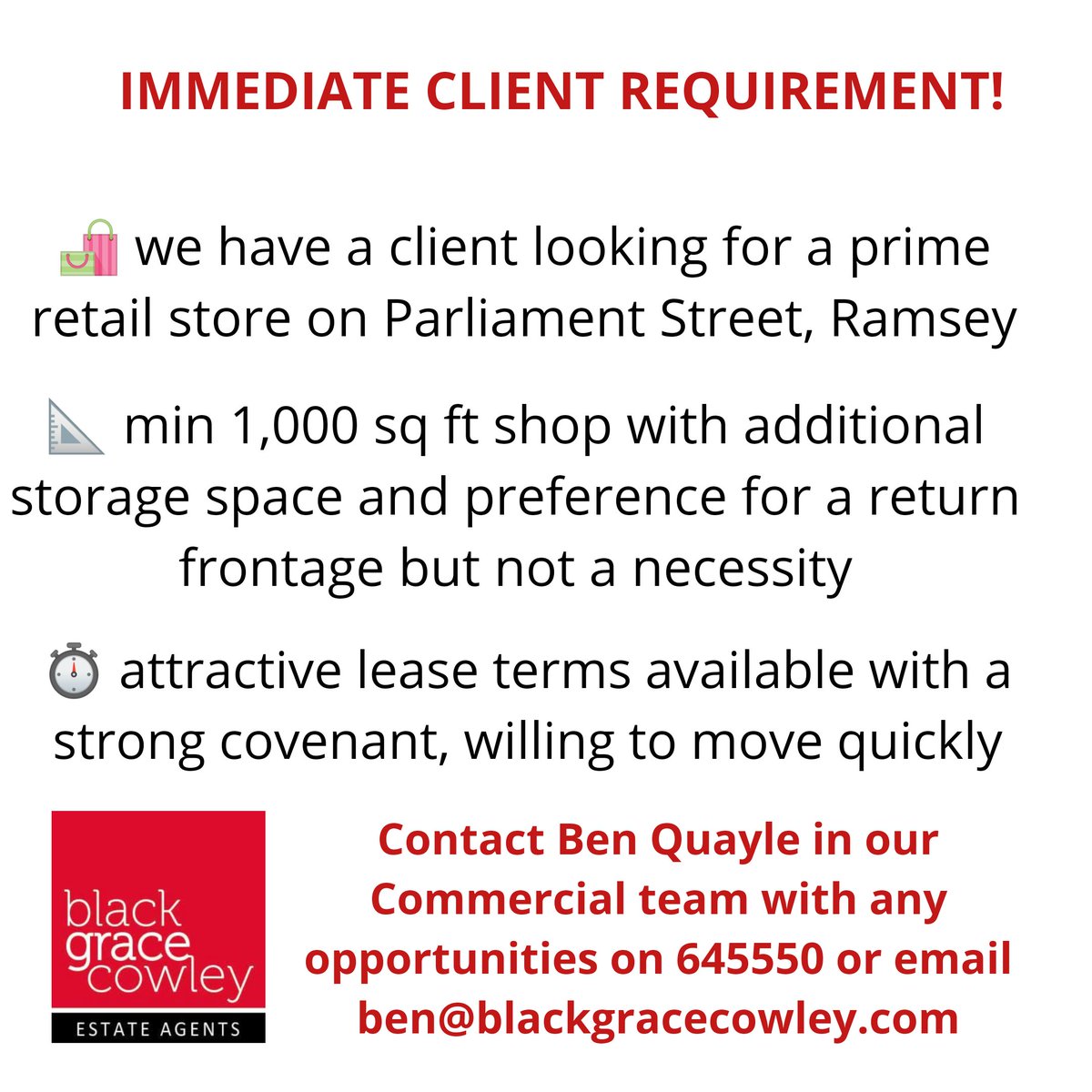 📣 Immediate client requirement! Please get in touch with any opportunities. Contact Ben on 645550 or ben@blackgracecowley.com 💻 #helpingYOUmove