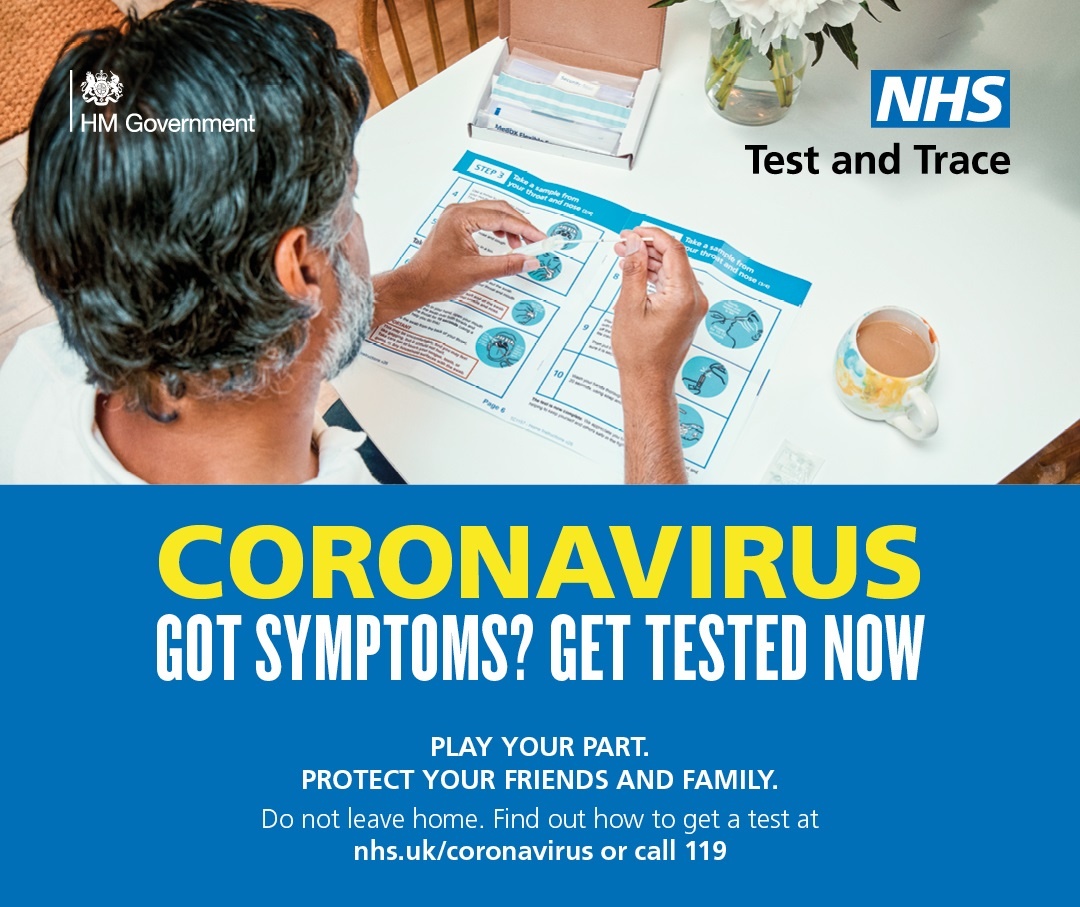 Got symptoms? Get tested. High temperature, new continuous cough or loss of taste/smell? No one in your household should leave home if any one person has #coronavirus symptoms. Find out how to get a test at nhs.uk/coronavirus. Play your part. #StaySafeSaveLives