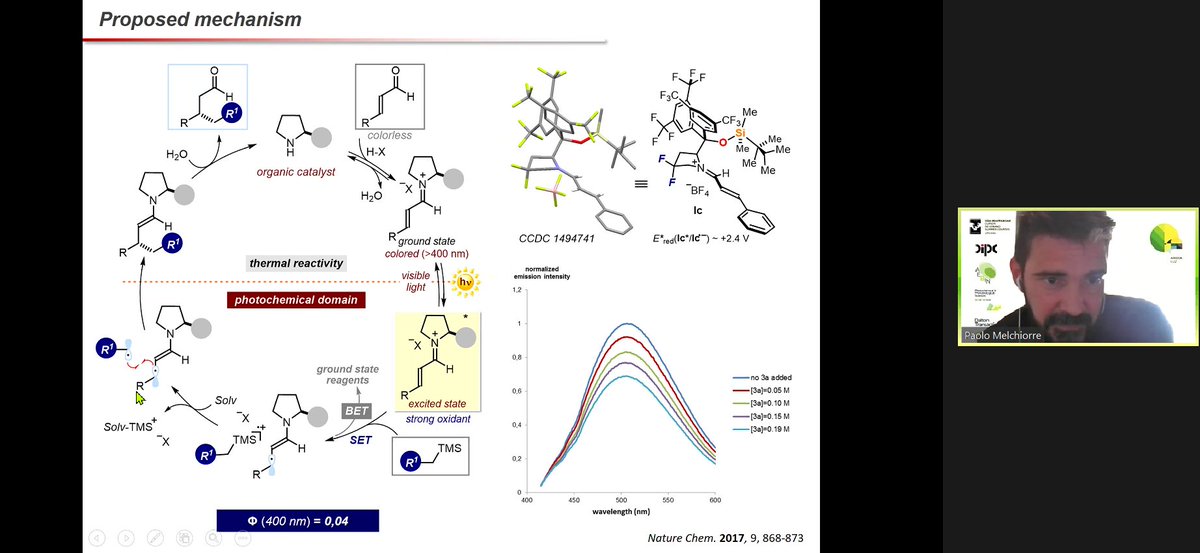 AEBIN5's tweet photo. Beautiful photochemical reactions presented by @Melchiorre_P, @icreacommunity research professor at the @ICIQchem 

Nice synthetic chemistry with radicals!

#photochem2020 of @AEBIN5 https://t.co/dxdVcmlBLm