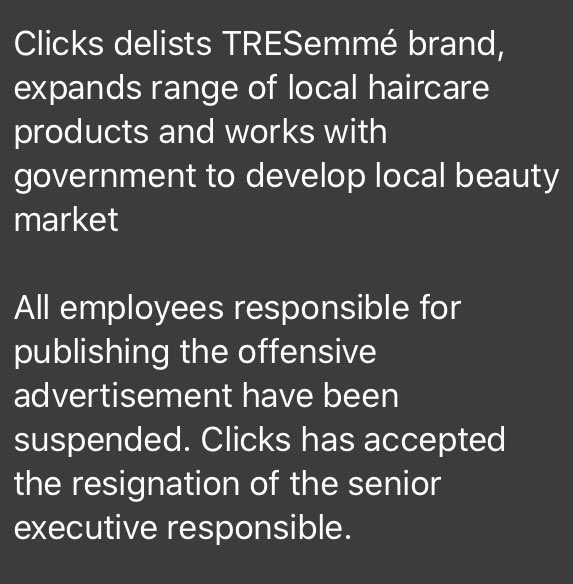 JacaNewswatch's tweet photo. JUST IN: #Clicks has delisted #TRESemmé and has accepted the resignation of the “responsible” senior executive. https://t.co/VL6ijaLv2g