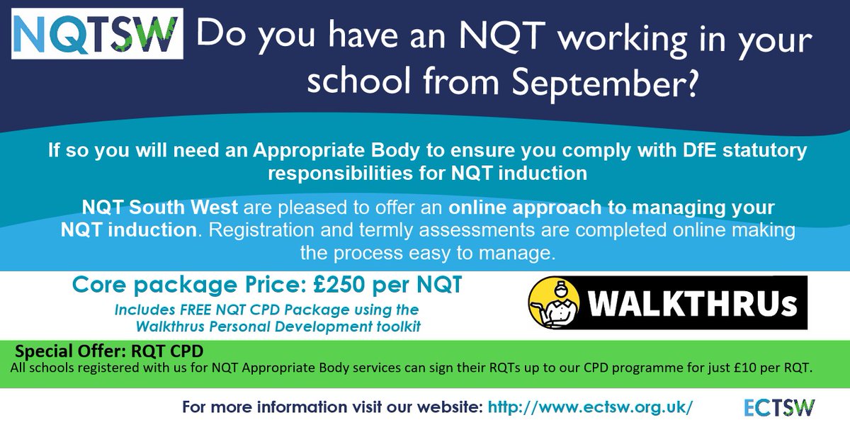 Please sign your new NQTs up with us for their induction period. We are offering Appropriate Body services and CPD in one package this year. Enquiries to: admin@ectsw.org.uk