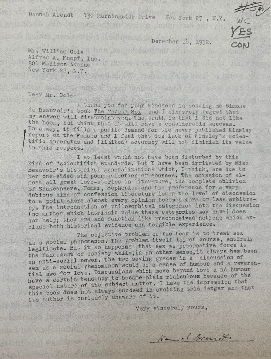 philosofemme's tweet image. Hannah Arendt’s 1952 reader’s report on The Second Sex has more than one whiff of irony:

1.       It needs more famous men!
2.      Too much philosophy!
3.      Ridiculously lacking in love and humour!