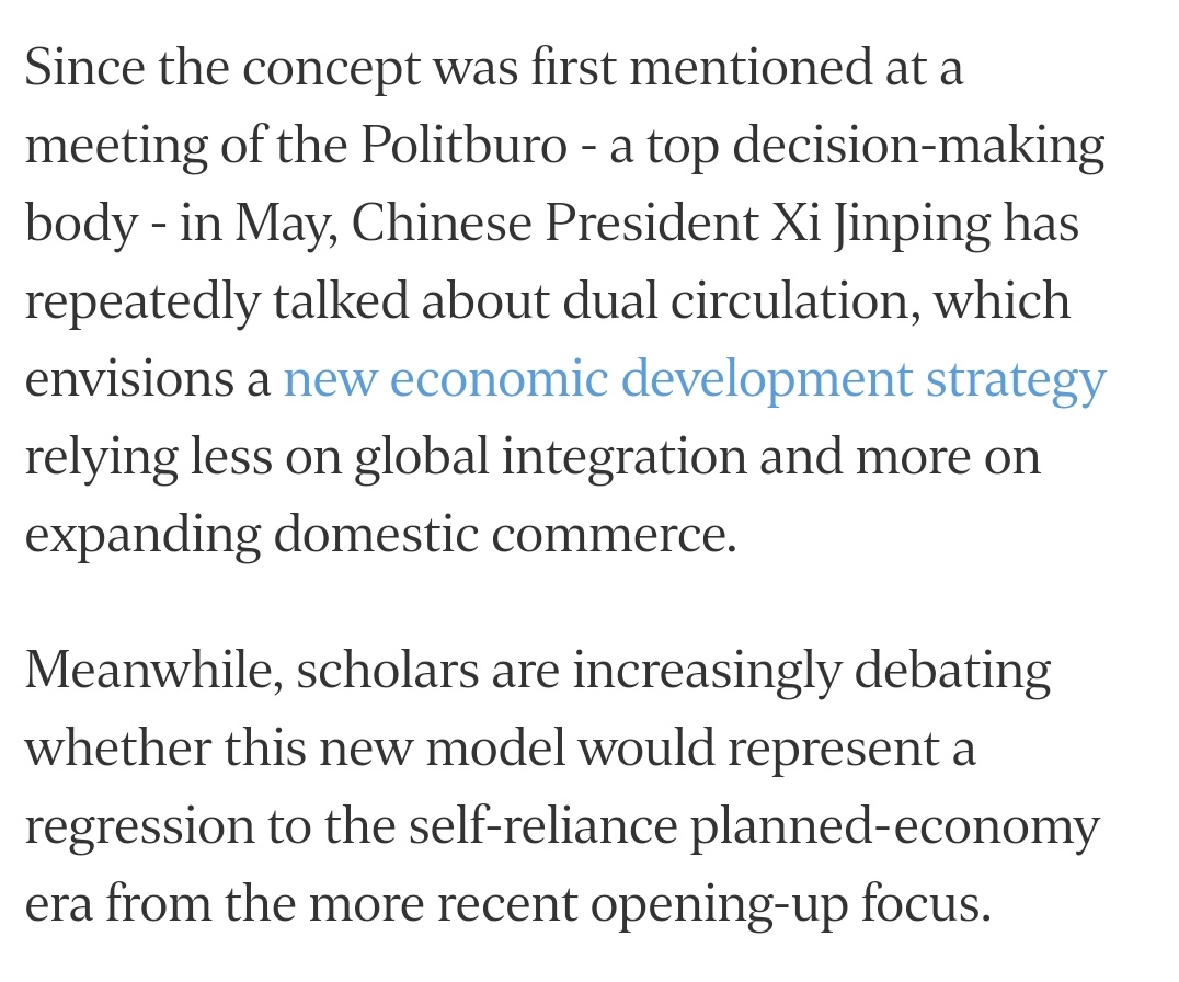 chigrl's tweet image. &amp;gt;&amp;gt;#China&apos;s new economic development pattern of #dualcirculation, 5 things to know

&quot;Dual circulation&quot; recently become a buzzword on Chinese media

New economic development strategy relying less on global integration and more on expanding domestic commerce
straitstimes.com/asia/east-asia…
