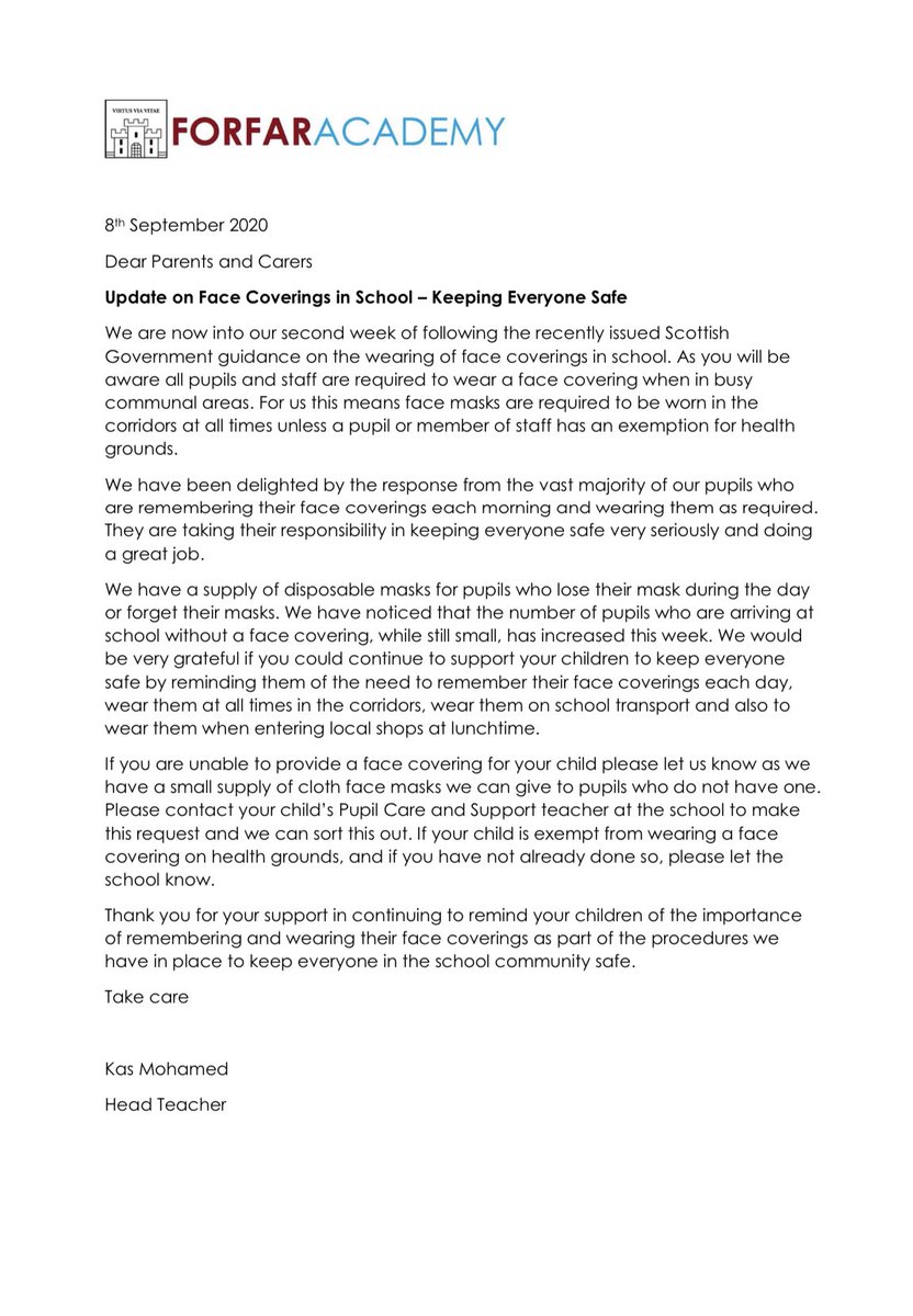 ForAcad's tweet image. An important letter to parents and carers about face coverings has been posted on the website: bit.ly/2FcFvP4