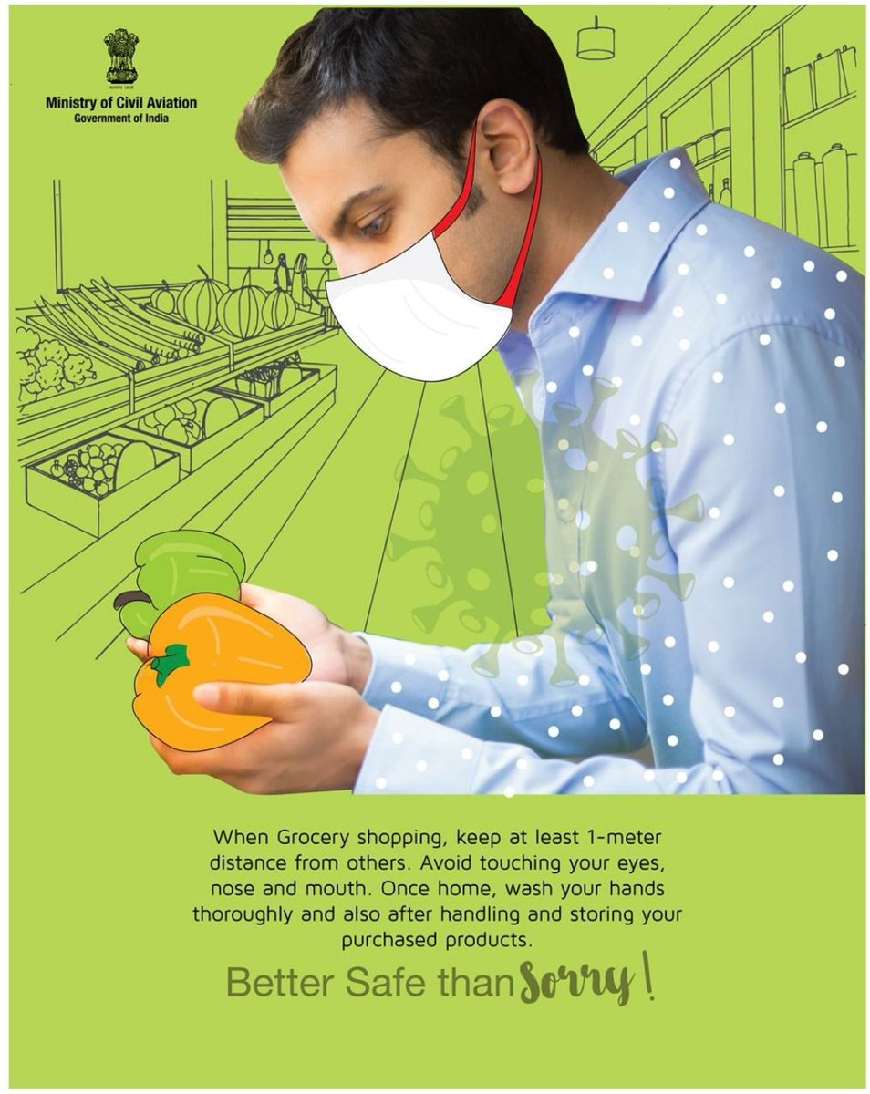 MoCA_GoI's tweet photo. When out for grocery shopping or any other work, keep at least 1-metre distance from others and avoid touching your eyes, nose and mouth. 

Take precautions. Better safe than sorry!
#SabUdenSabJuden #IndiaFliesHigh https://t.co/lEVJP5rs5m