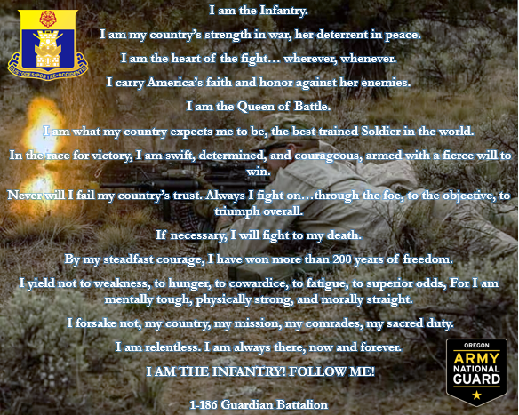 1_186_GUARDIANS's tweet image. The Infantry Creed connects past, present and future Guardians. Do you have what it takes?
.
.
.
Don't hesitate to message us for details or check out some of our upcoming events!
.
.
.
#oregonguard #goguard #oregon #nationalguard #guardians #guard #infantry #army #benefits