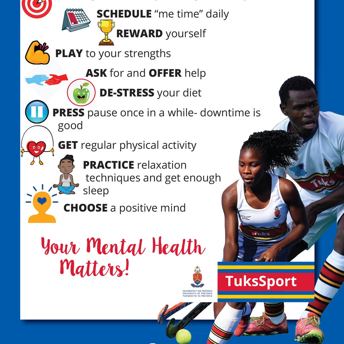 TuksSport's tweet image. #TuksSport: Your mental health matters 

🔟 helpful habits to help you look after your mental health during the #level2lockdown.

ℹ️ #TuksHockey cares about you