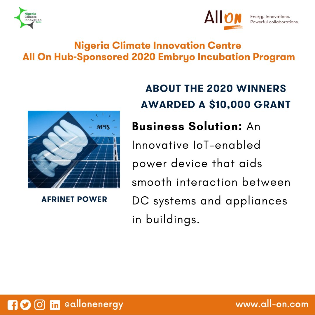 AllOnEnergy's tweet photo. 1. @AfrinetPower: Business solution - an Innovative IoT-enabled power device that aids smooth interaction between DC systems and appliances in buildings. #EmbryoIP #AllOnHub https://t.co/a3k0aRDva4