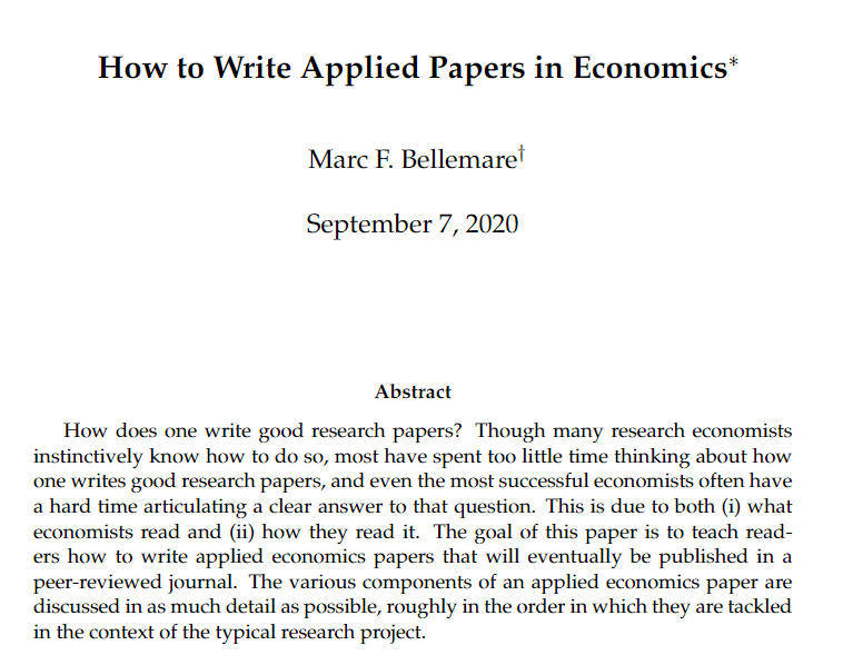 I recommend this article on how to write an article in applied economics by @marcfbellemare. This contribution is very useful and interesting for PhD students! #EconTwitter #AcademicTwitter #Economic #PhDStudent marcfbellemare.com/wordpress/wp-c…